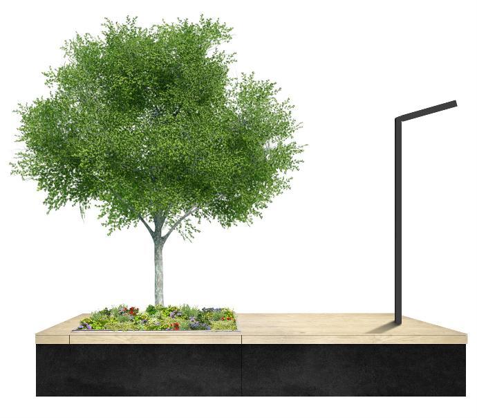 Simontrees Begrünungsmodul ausgestattet mit Solar-Straßenlaterne